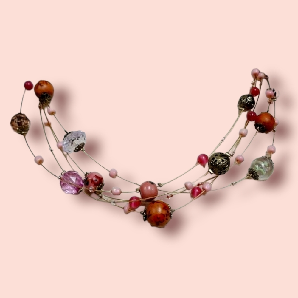 Vintage Cloisoinne Bead Hand Painted Wood Bead Wire Multi Strand Necklace